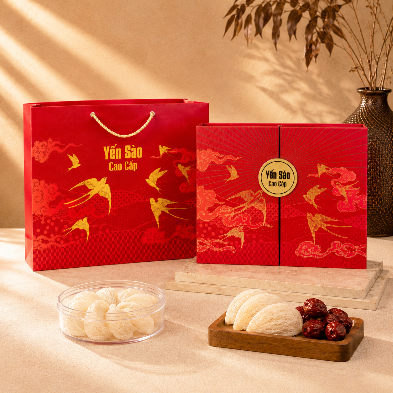 Hộp đựng yến sào cao cấp đỏ - Họa tiết chim Yến đẹp