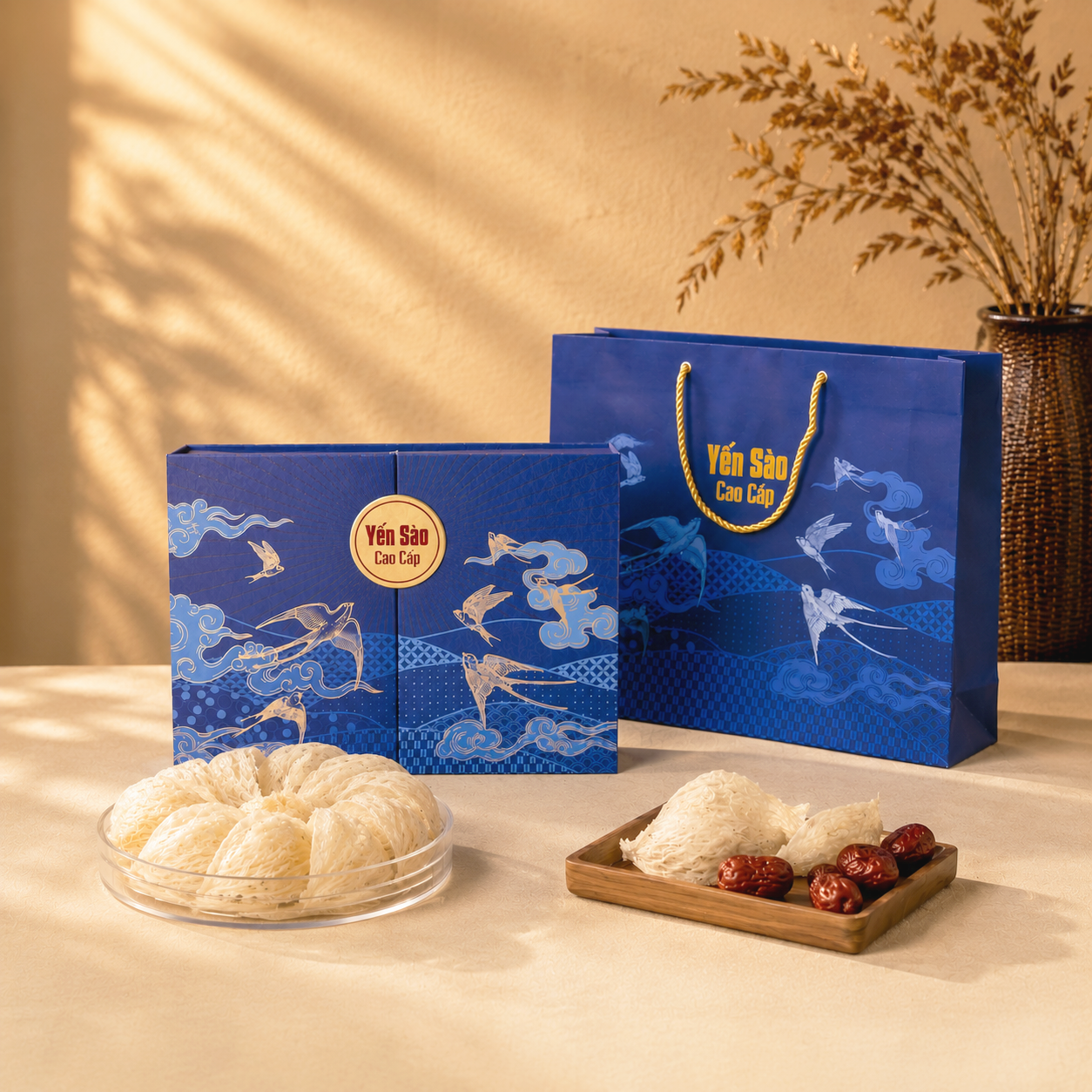 Hộp đựng yến sào cao cấp xanh - Họa tiết chim yến đẹp